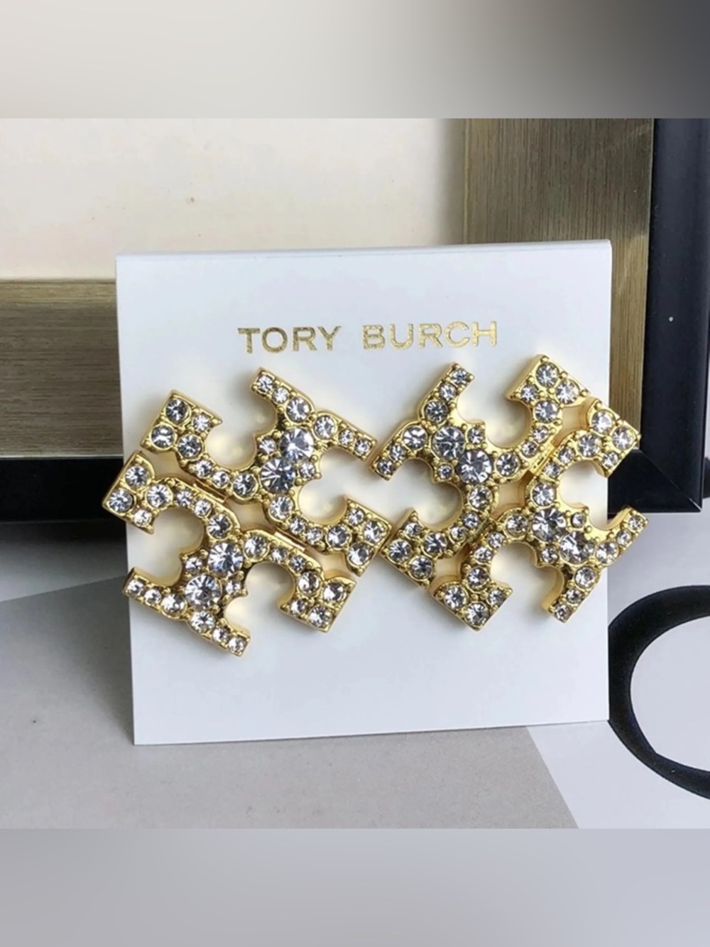 Tory Burch Gold Logo Crystal Stud Earrings - Gold & Clear